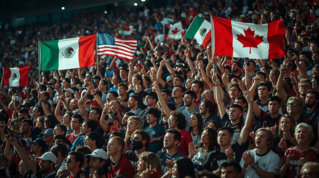 Estadio con banderas de México, Estados Unidos y Canadá lleno de aficionados para el Mundial 2026