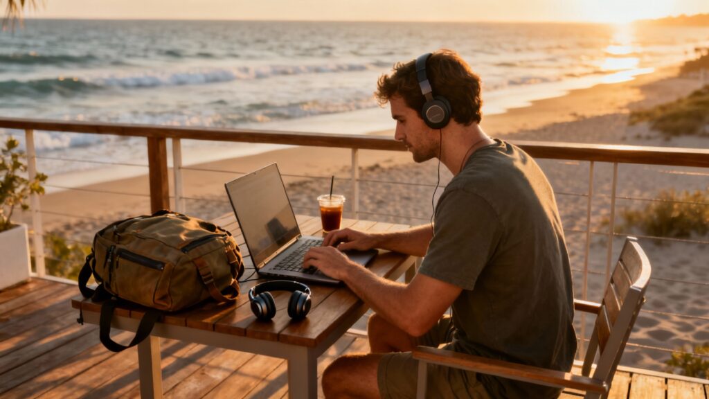 viajero nómada digital trabajando en su laptop desde una terraza con vista al mar, mochila ligera a un lado, auriculares inalámbricos